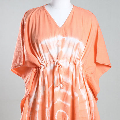 Peach - Shibori Tie-Dye Cotton Kaftan with Tie-Up Waist