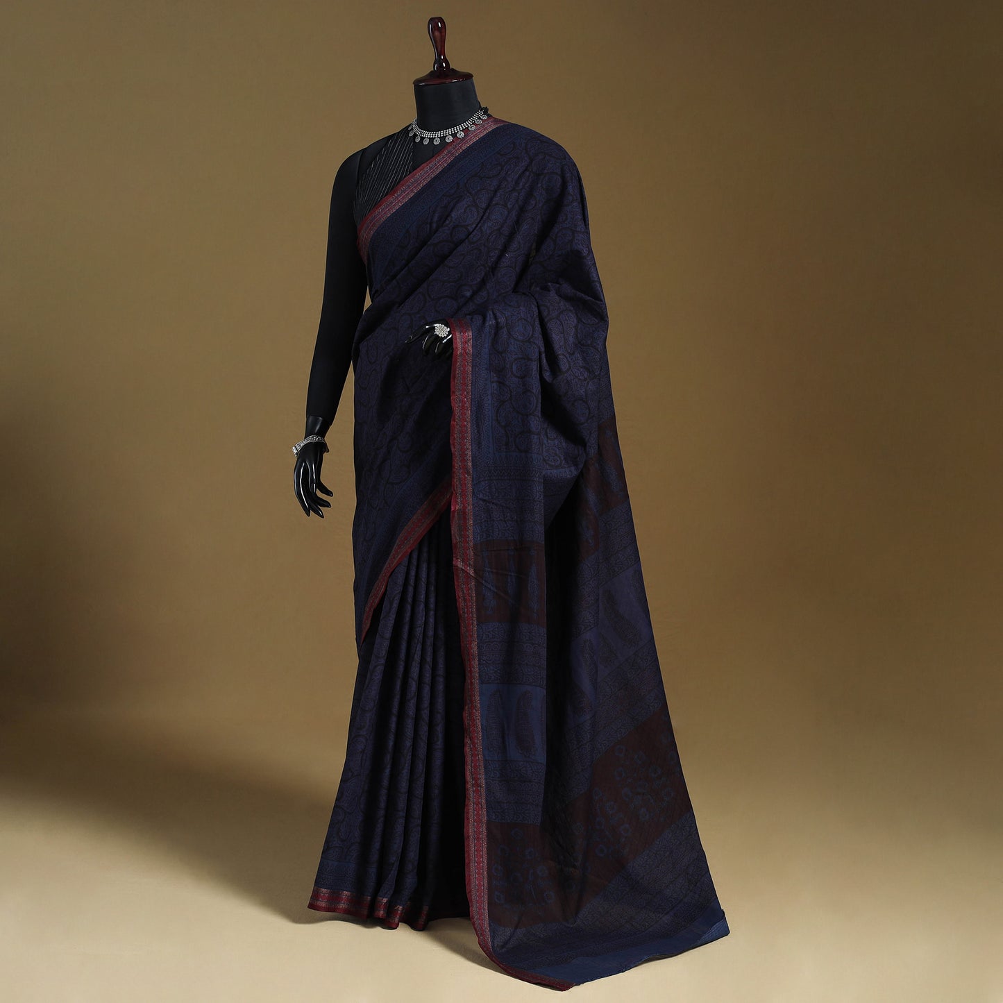 Blue Block Print Natural Dyed Cotton Bagh Saree