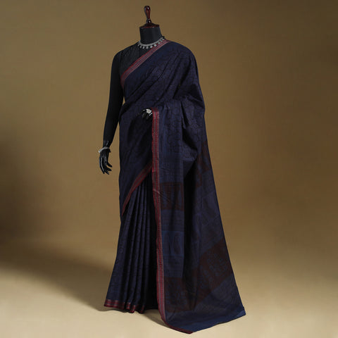 Blue Block Print Natural Dyed Cotton Bagh Saree