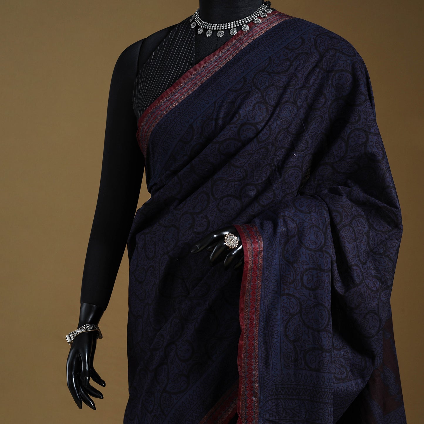 Blue Block Print Natural Dyed Cotton Bagh Saree
