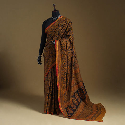 Orange Block Print Natural Dyed Cotton Bagh Saree