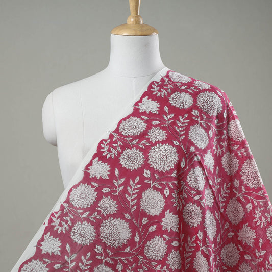 Pink - Dahlia Flowers Sanganeri Block Printed Mul Cotton Fabric