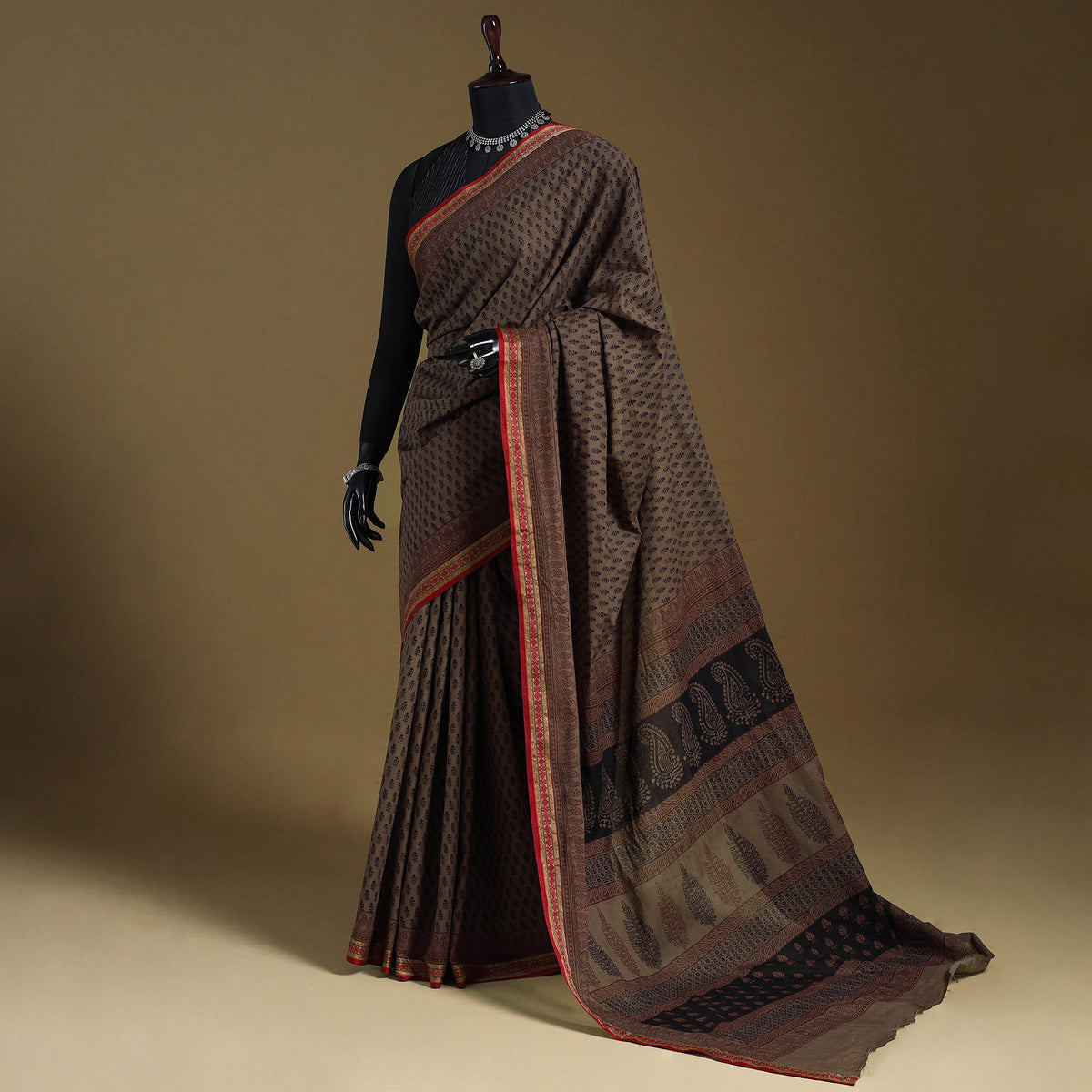 Brown Block Print Natural Dyed Cotton Bagh Saree