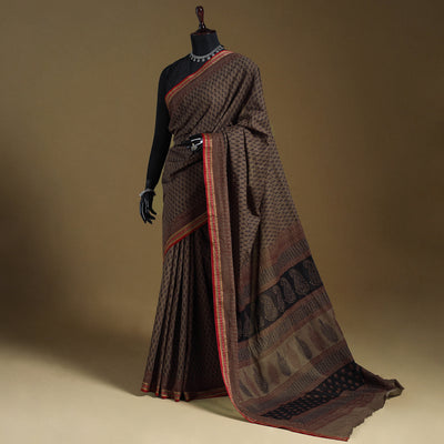 Brown Block Print Natural Dyed Cotton Bagh Saree