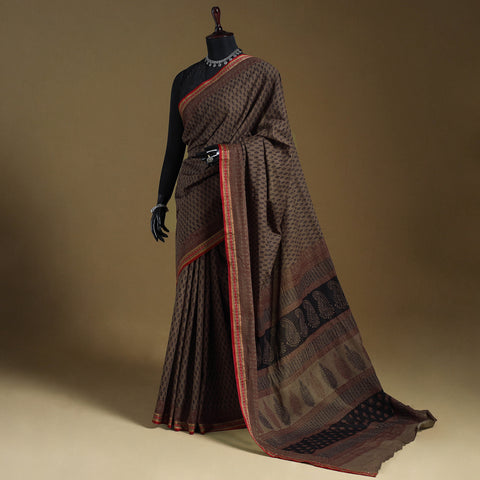 Brown Block Print Natural Dyed Cotton Bagh Saree