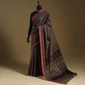 Brown Block Print Natural Dyed Cotton Bagh Saree
