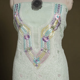 Green Chikankari with Parsi Style Embroidery Cotton Kurta Material
