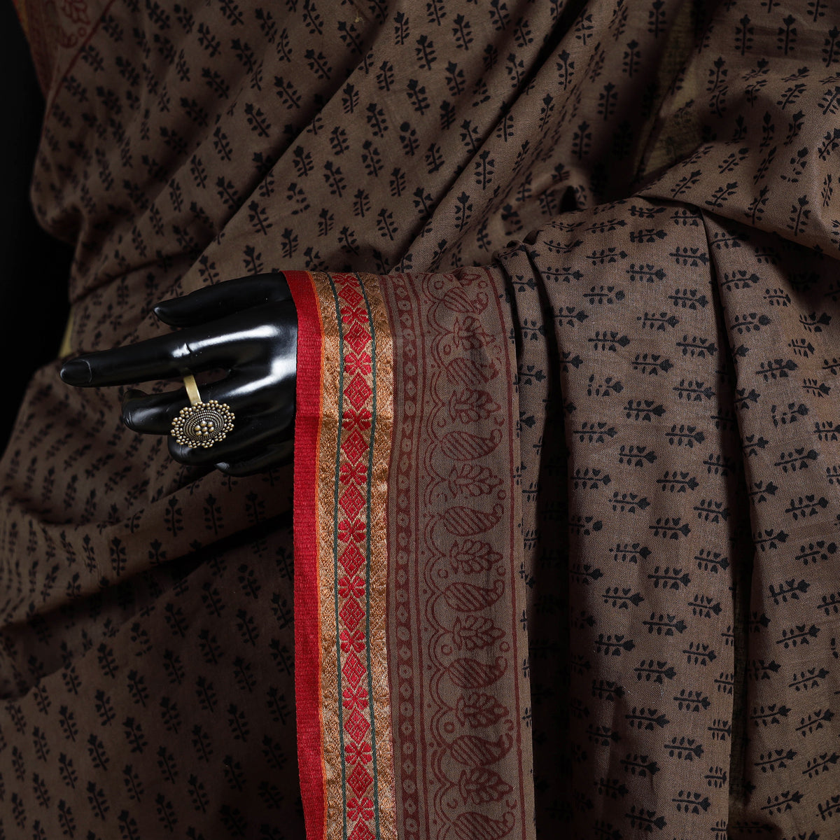 Brown Block Print Natural Dyed Cotton Bagh Saree