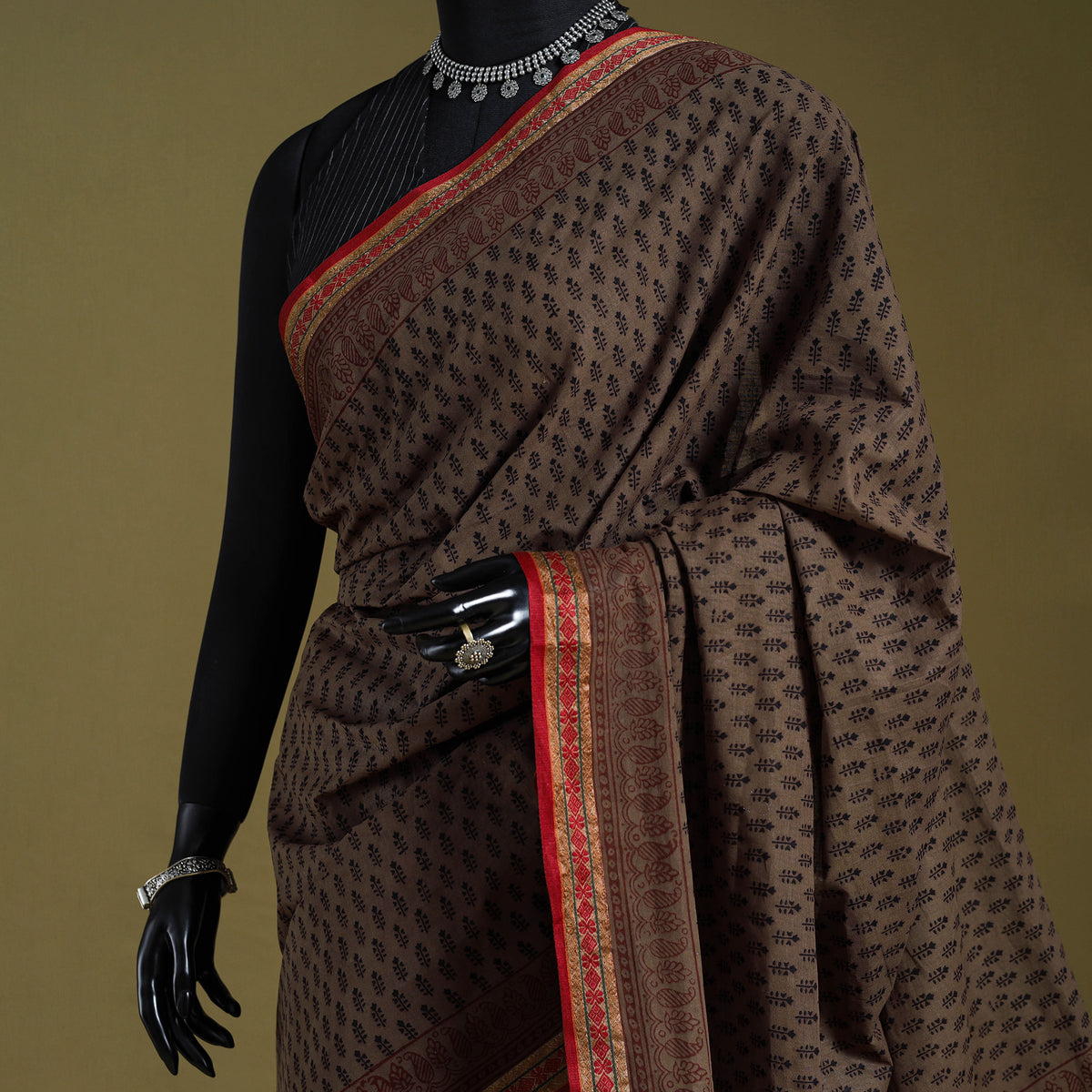 Brown Block Print Natural Dyed Cotton Bagh Saree
