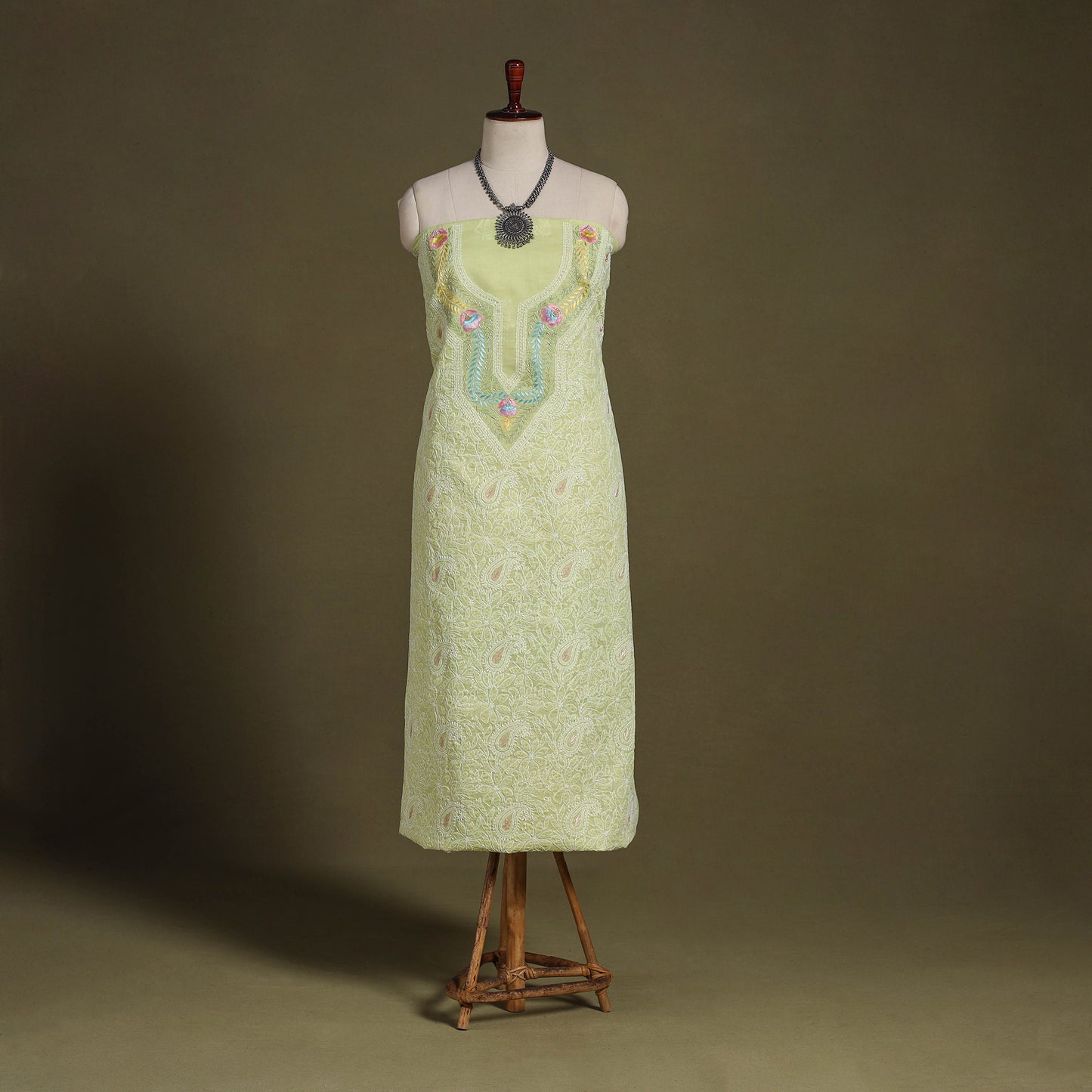 Yellow Chikankari with Parsi Style Embroidery Cotton Kurta Material