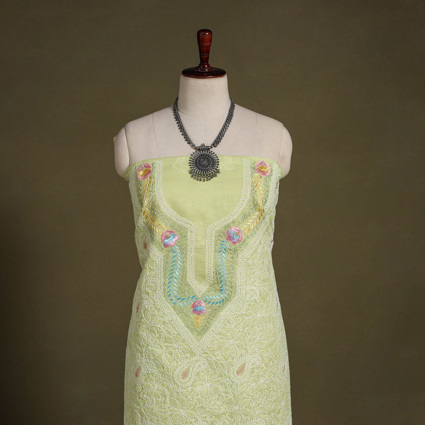 Yellow Chikankari with Parsi Style Embroidery Cotton Kurta Material