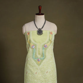Yellow Chikankari with Parsi Style Embroidery Cotton Kurta Material