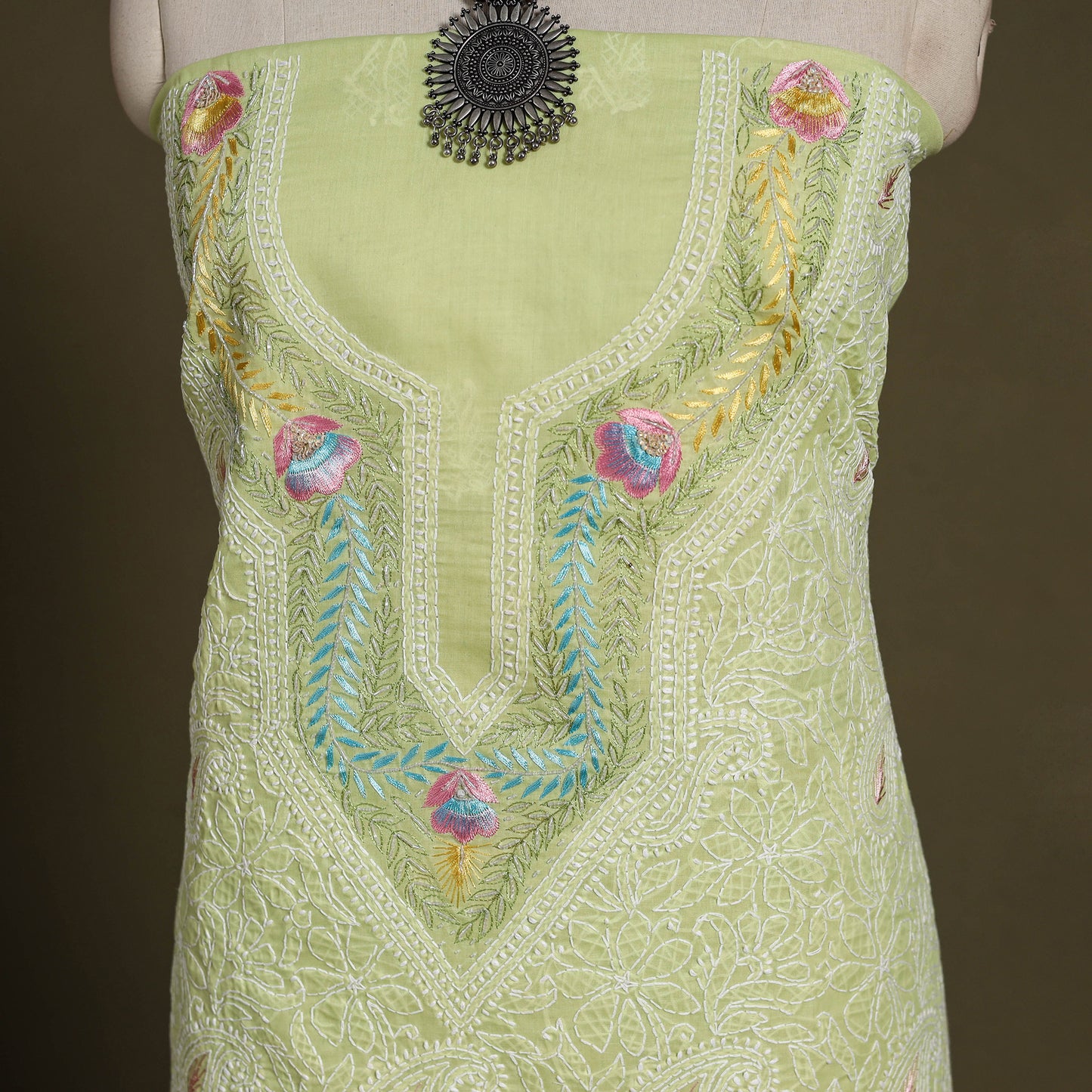 Yellow Chikankari with Parsi Style Embroidery Cotton Kurta Material