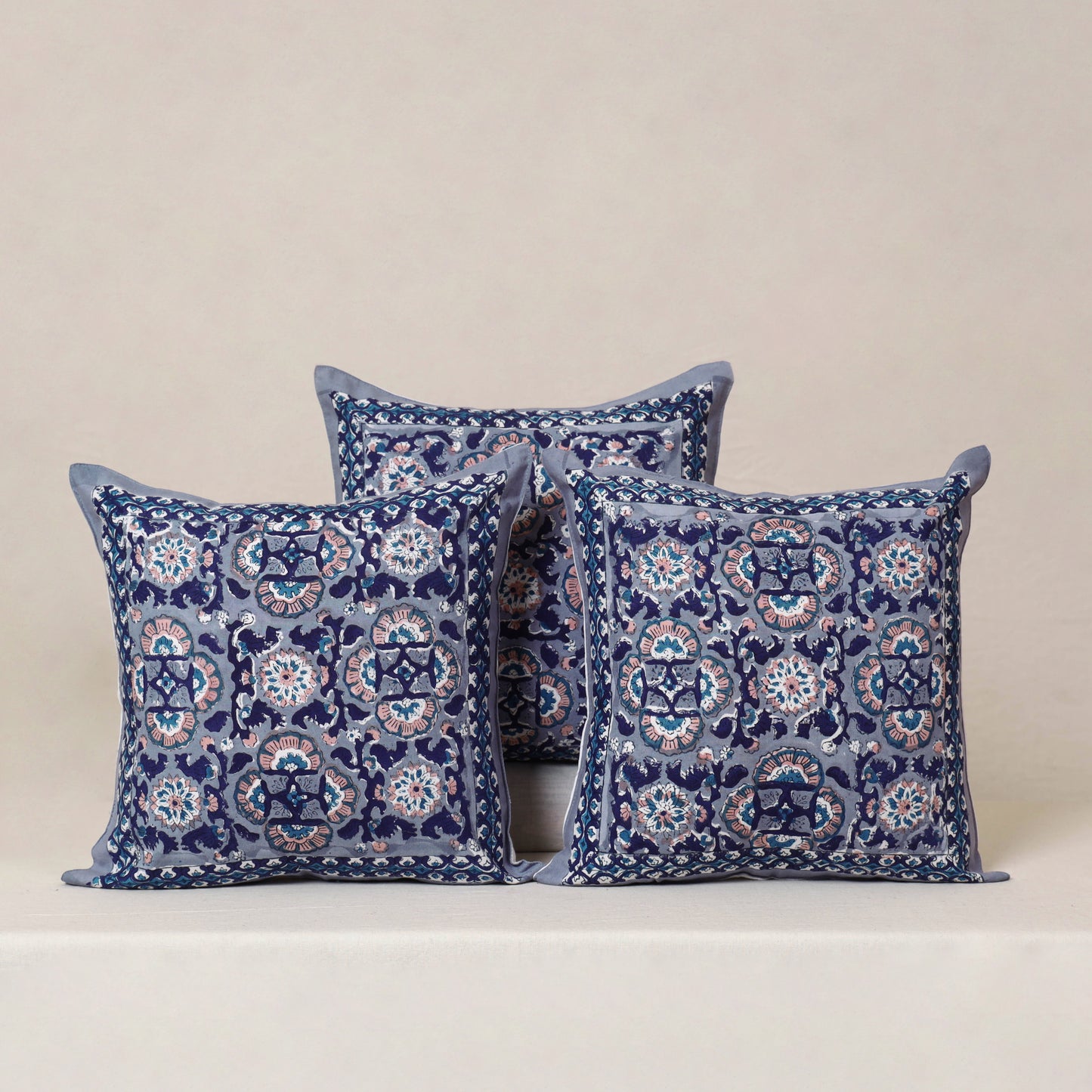 Blue - Block Print Sanganeri Floral Cushion Cover (Set of 5) 01