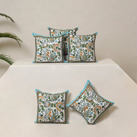 Blue - Block Print Sanganeri Floral Cushion Cover (Set of 5) 03