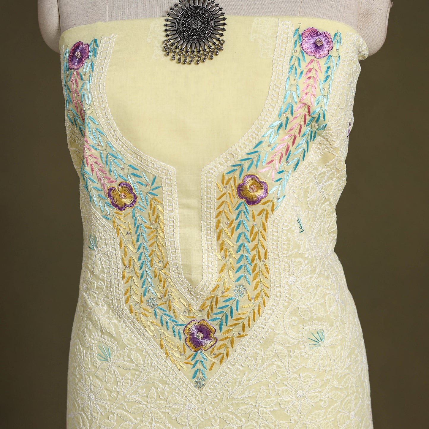 Chikankari with Parsi Style Embroidery Cotton Kurta Material