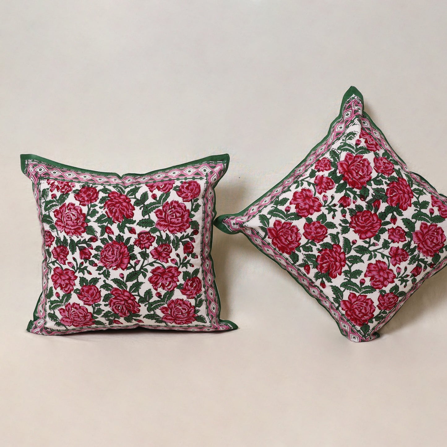Pink - Block Print Sanganeri Floral Cushion Cover (Set of 5) 04