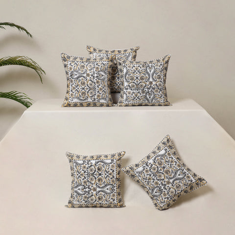 White - Block Print Sanganeri Floral Cushion Cover (Set of 5) 05