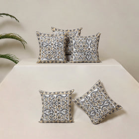 White - Block Print Sanganeri Floral Cushion Cover (Set of 5) 05