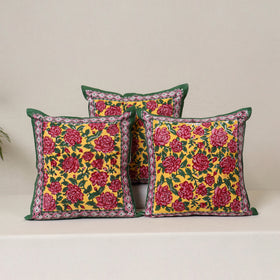 Yellow - Block Print Sanganeri Floral Cushion Cover (Set of 5) 08