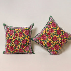 Yellow - Block Print Sanganeri Floral Cushion Cover (Set of 5) 08