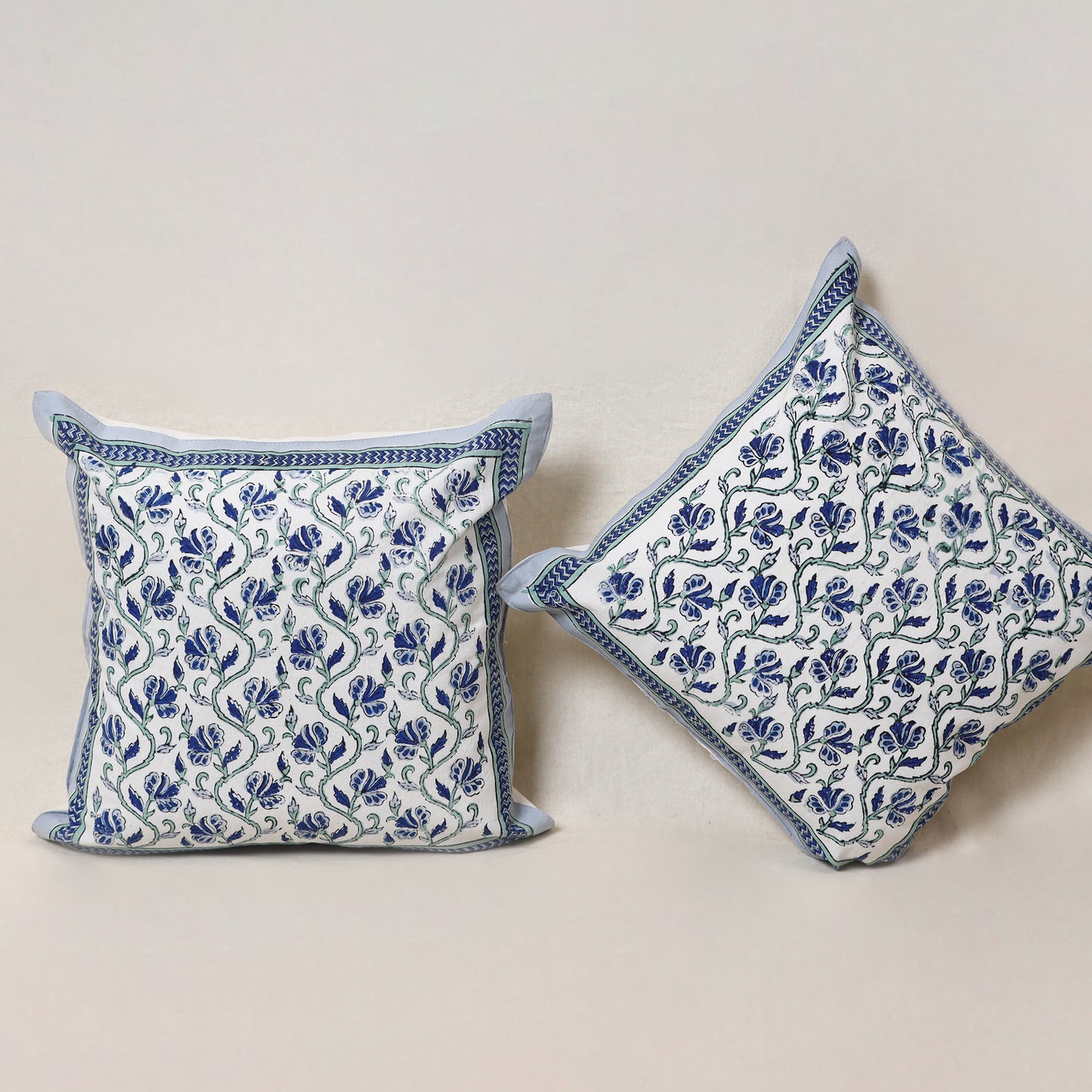 Blue - Block Print Sanganeri Floral Cushion Cover (Set of 5) 09