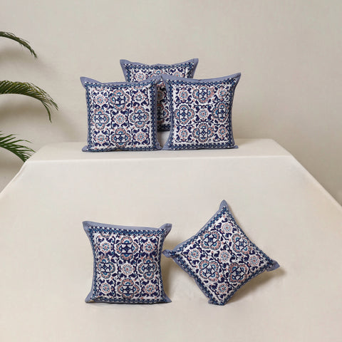 Blue - Block Print Sanganeri Floral Cushion Cover (Set of 5) 10