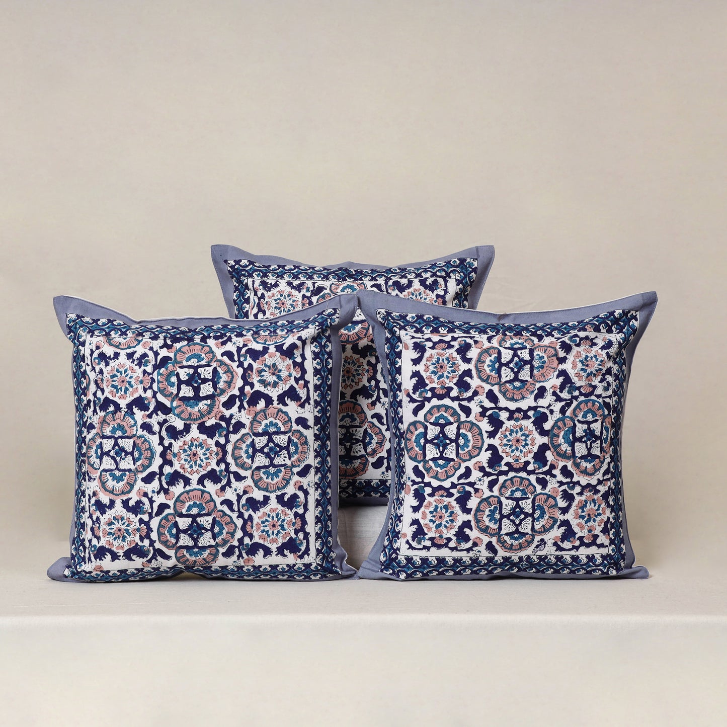 Blue - Block Print Sanganeri Floral Cushion Cover (Set of 5) 10