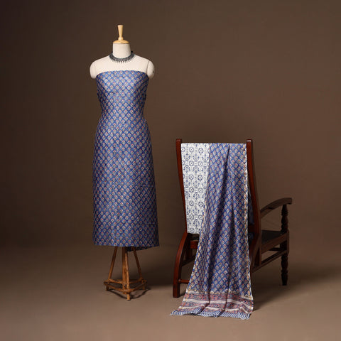 Blue - 3pc chanderi silk unstitched sanganeri dress
