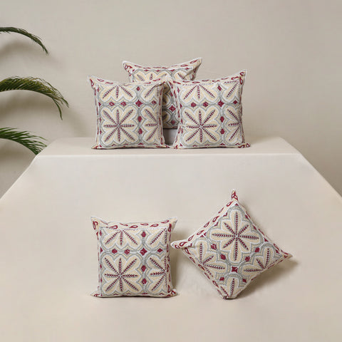 White - Block Print Sanganeri Floral Cushion Cover (Set of 5) 11