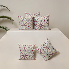 White - Block Print Sanganeri Floral Cushion Cover (Set of 5) 11