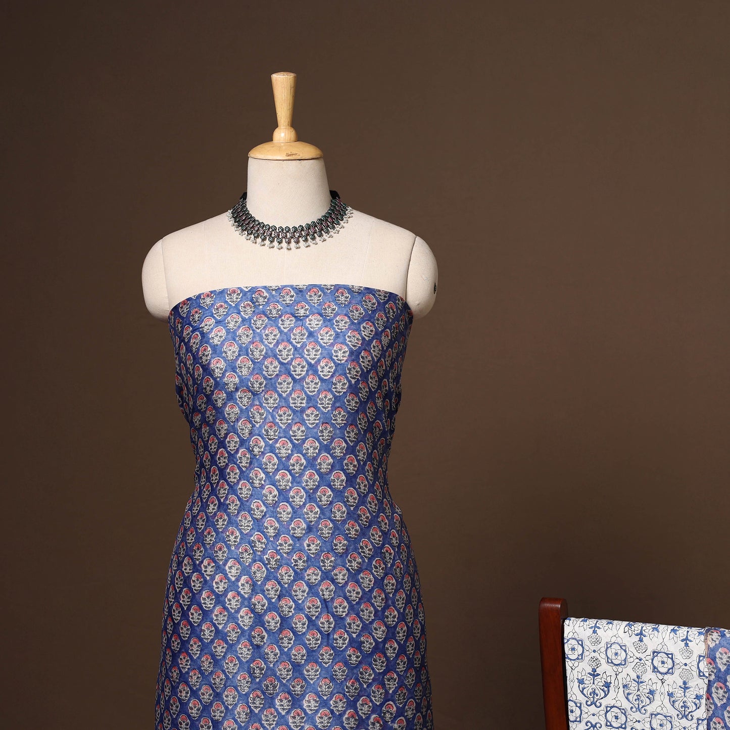 Blue - 3pc chanderi silk unstitched sanganeri dress