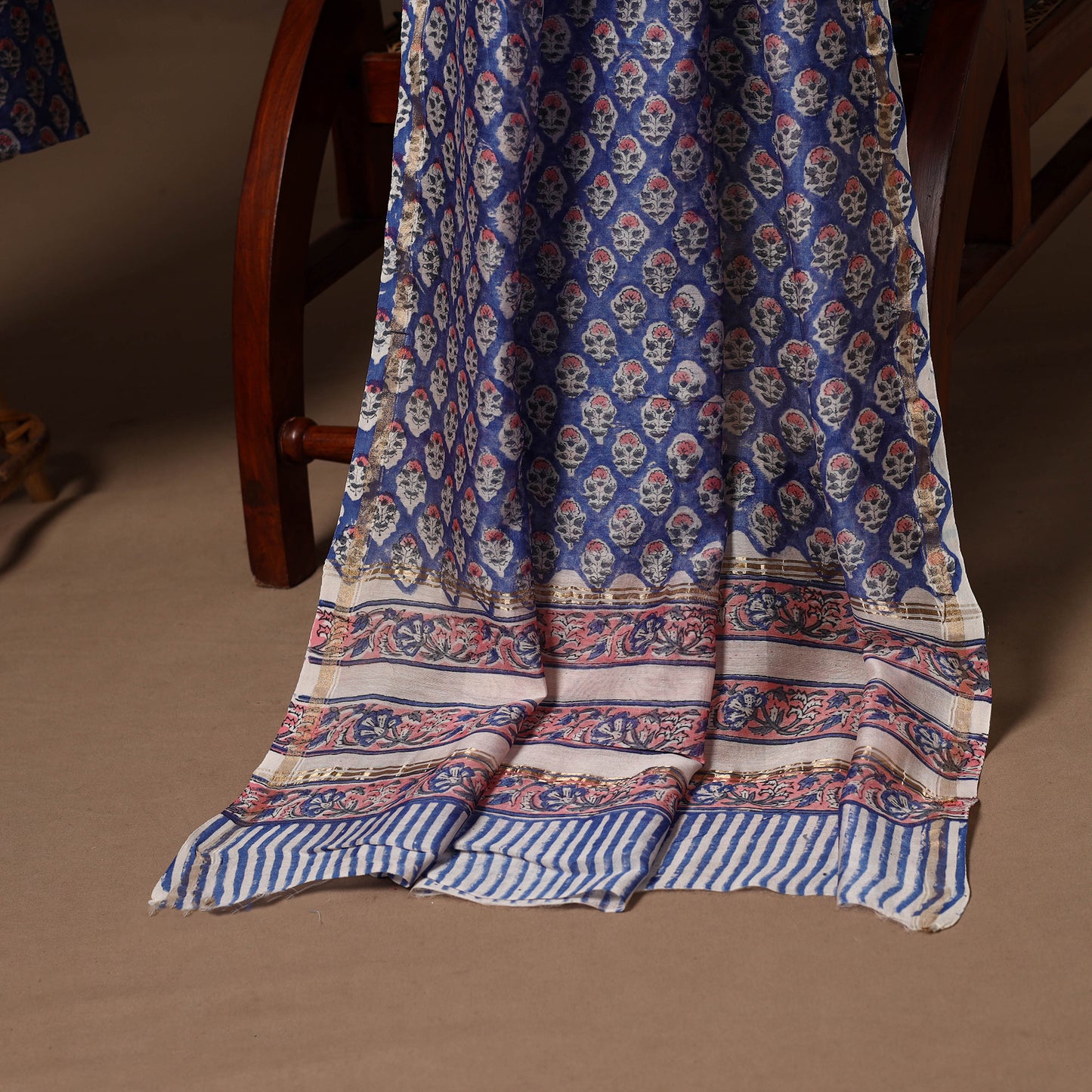 Blue - 3pc chanderi silk unstitched sanganeri dress