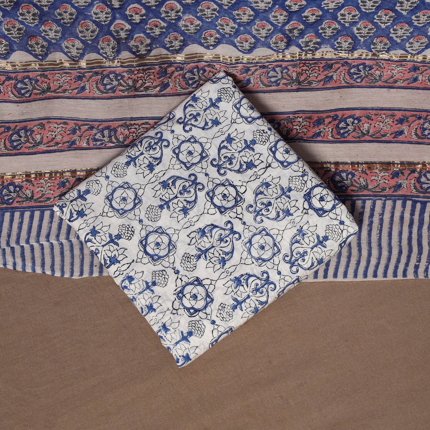 Blue - 3pc chanderi silk unstitched sanganeri dress