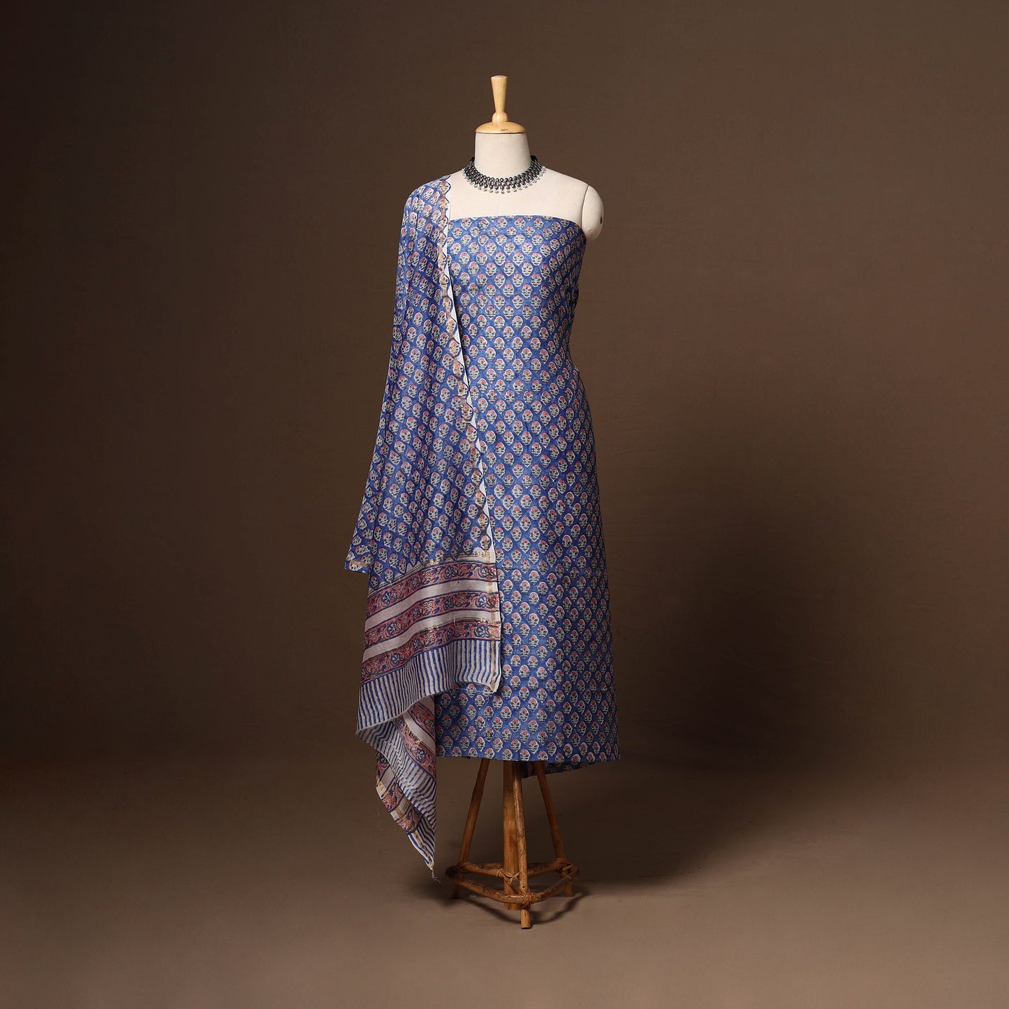 Blue - 3pc chanderi silk unstitched sanganeri dress