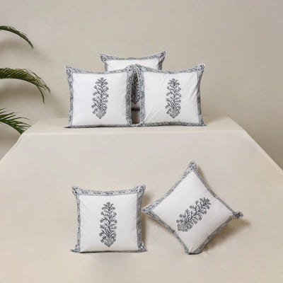 White - Block Print Sanganeri Floral Cushion Cover (Set of 5) 14