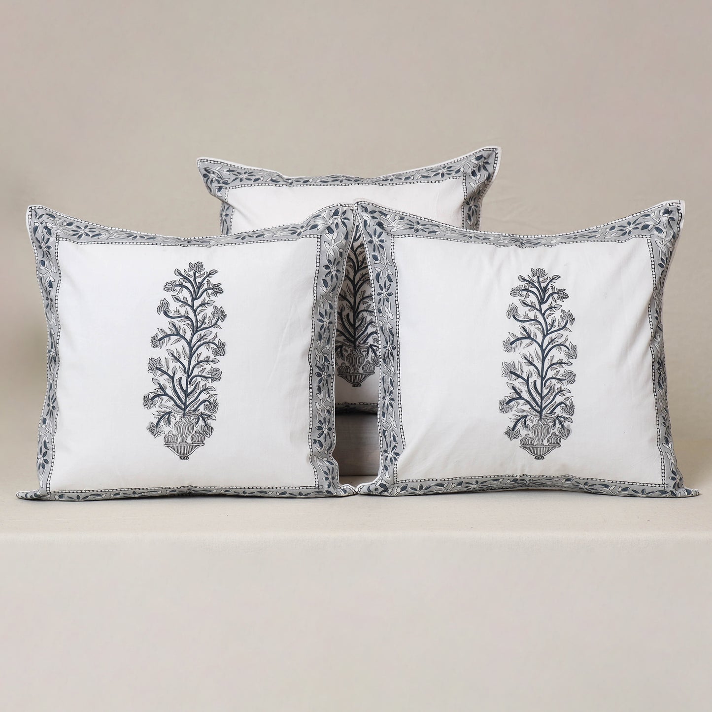 White - Block Print Sanganeri Floral Cushion Cover (Set of 5) 14