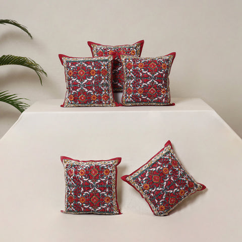 Red - Block Print Sanganeri Floral Cushion Cover (Set of 5) 15
