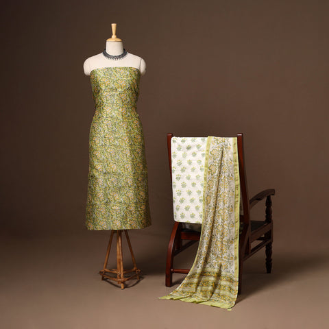 Green - 3pc chanderi silk unstitched sanganeri dress