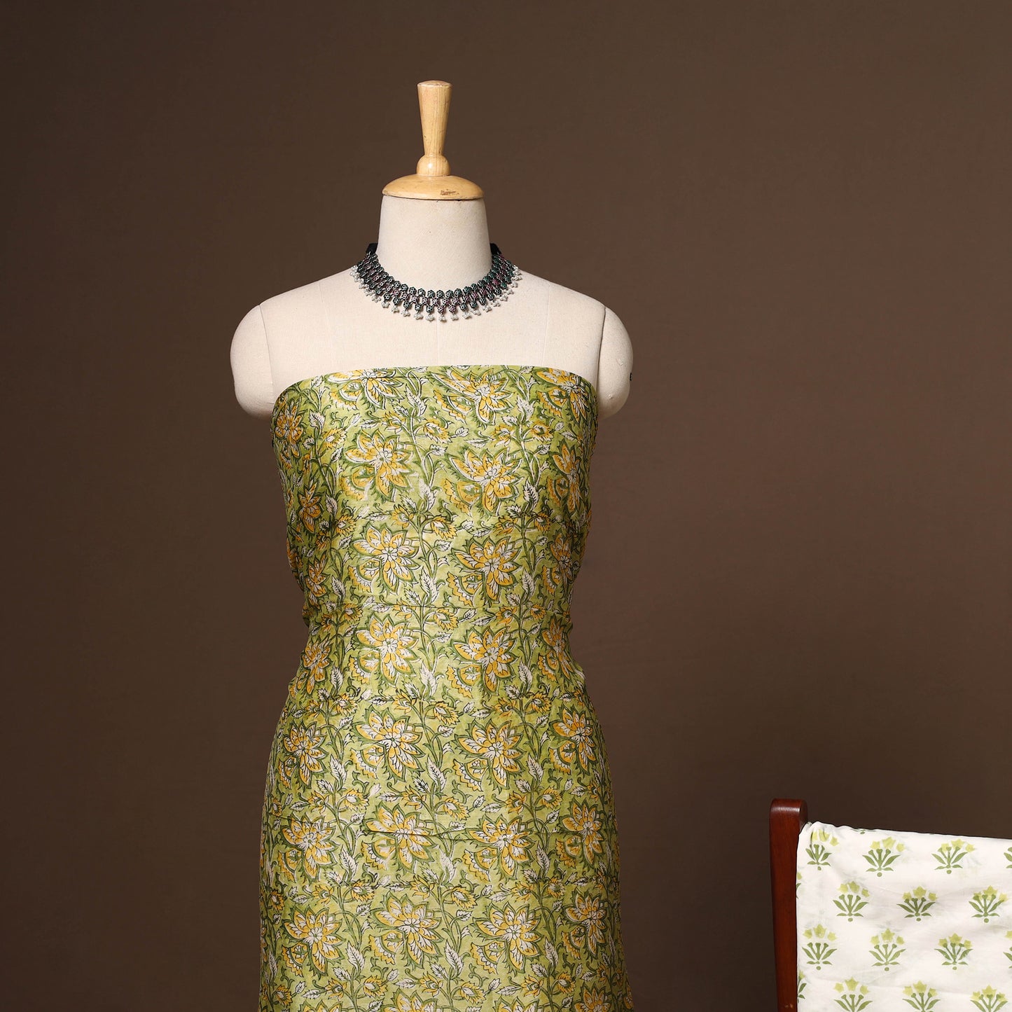 Green - 3pc chanderi silk unstitched sanganeri dress