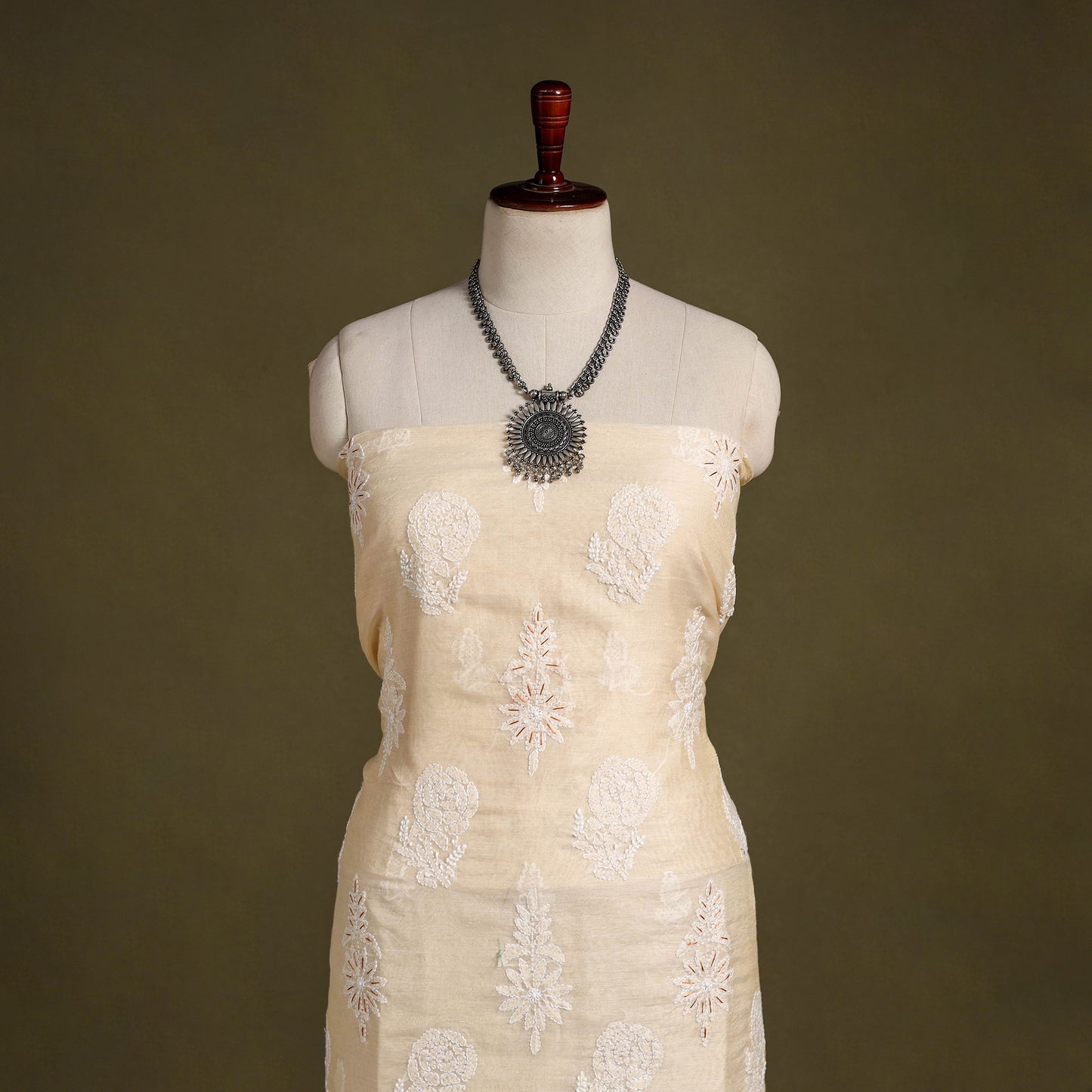 Beige Chikankari with Parsi Style Embroidery Cotton Kurta Material