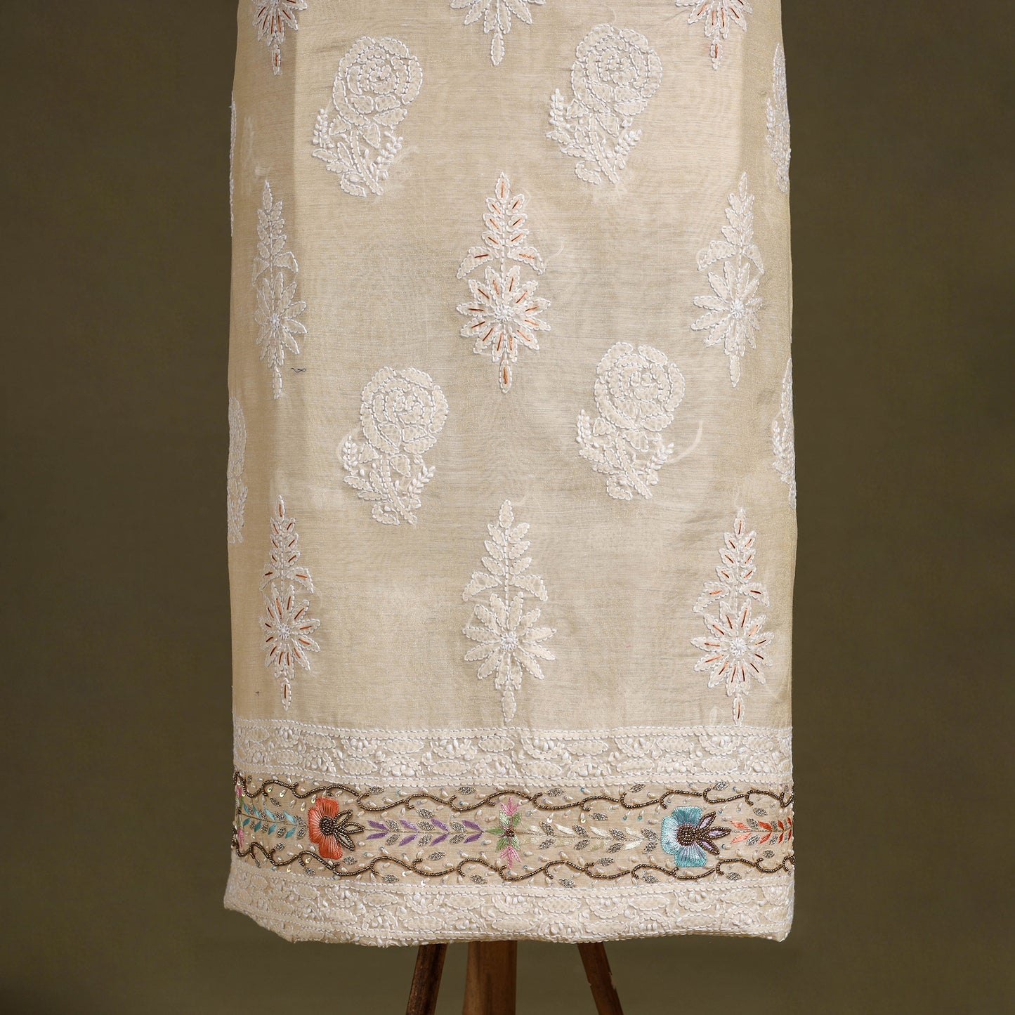 Beige Chikankari with Parsi Style Embroidery Cotton Kurta Material