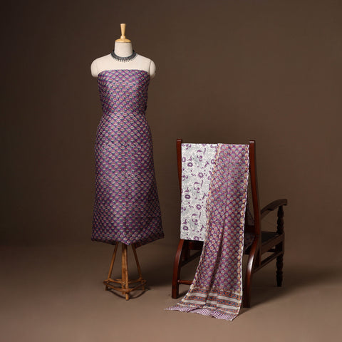 Purple - 3pc chanderi silk unstitched sanganeri dress