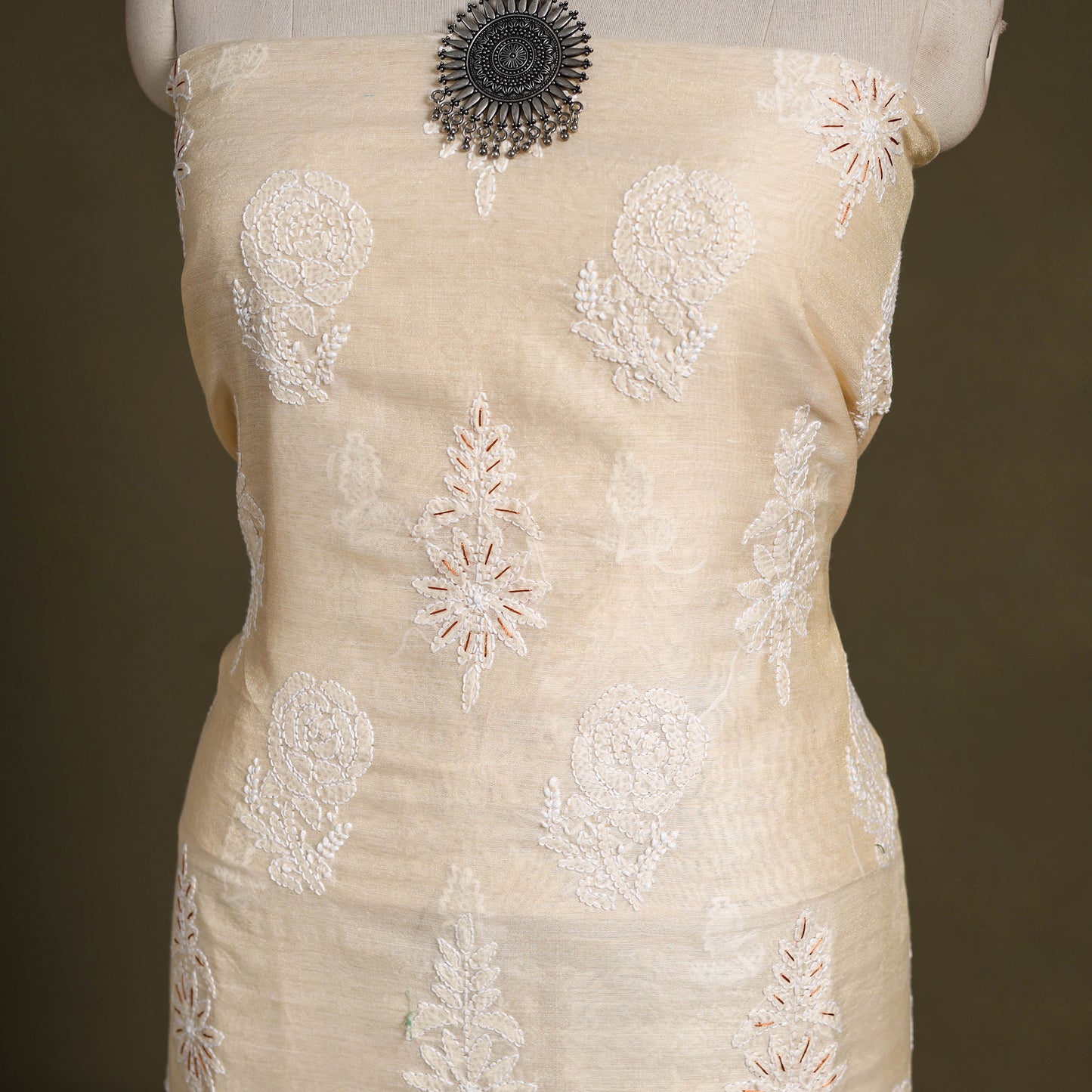 Beige Chikankari with Parsi Style Embroidery Cotton Kurta Material