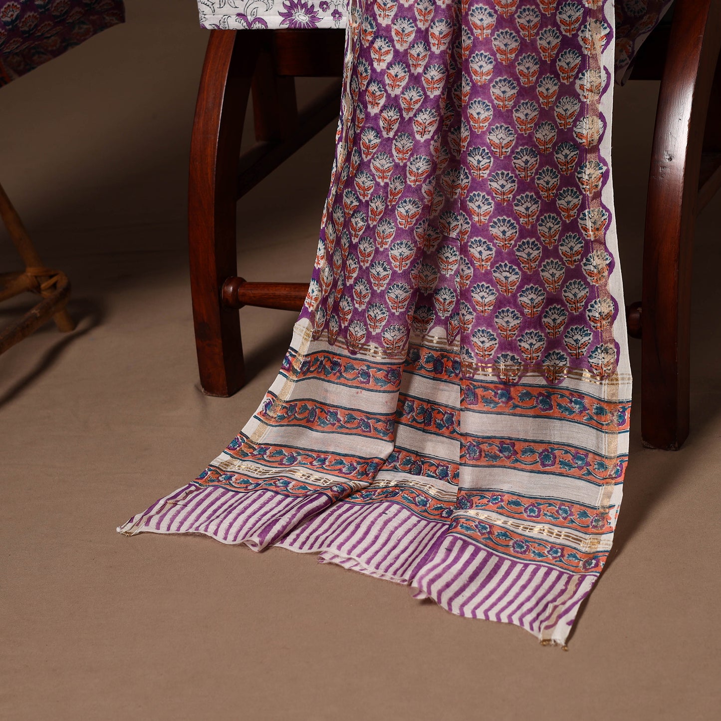 Purple - 3pc chanderi silk unstitched sanganeri dress