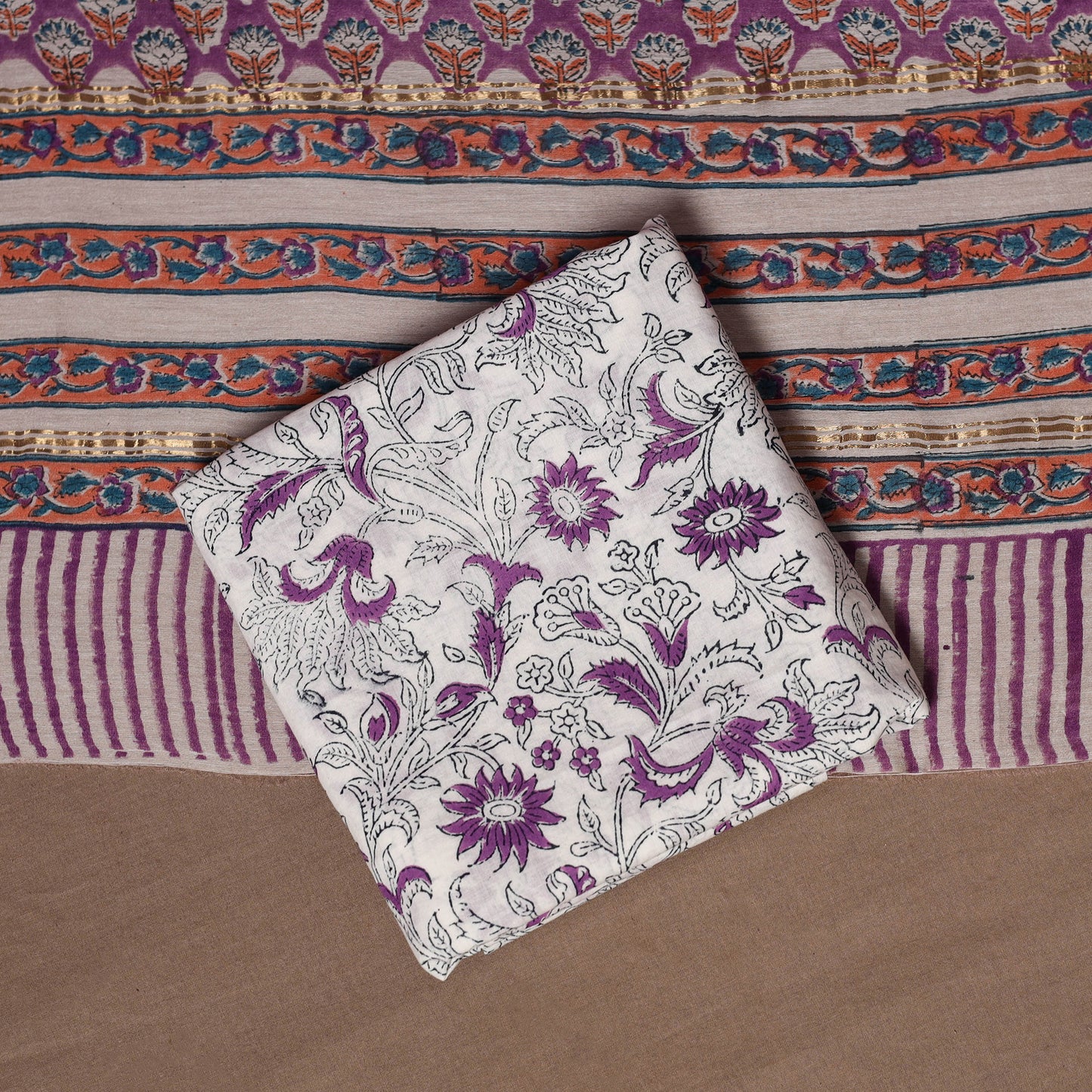 Purple - 3pc chanderi silk unstitched sanganeri dress