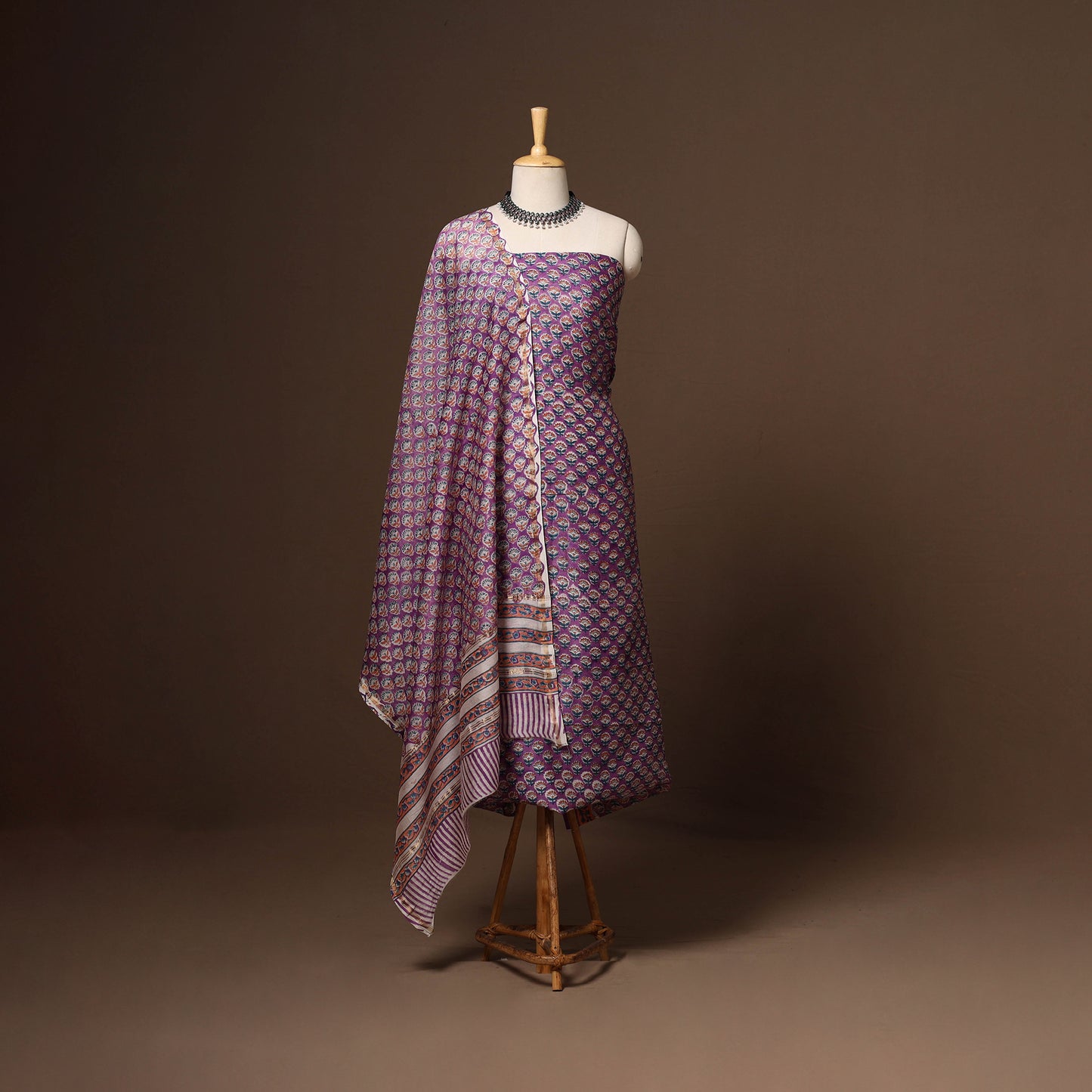 Purple - 3pc chanderi silk unstitched sanganeri dress