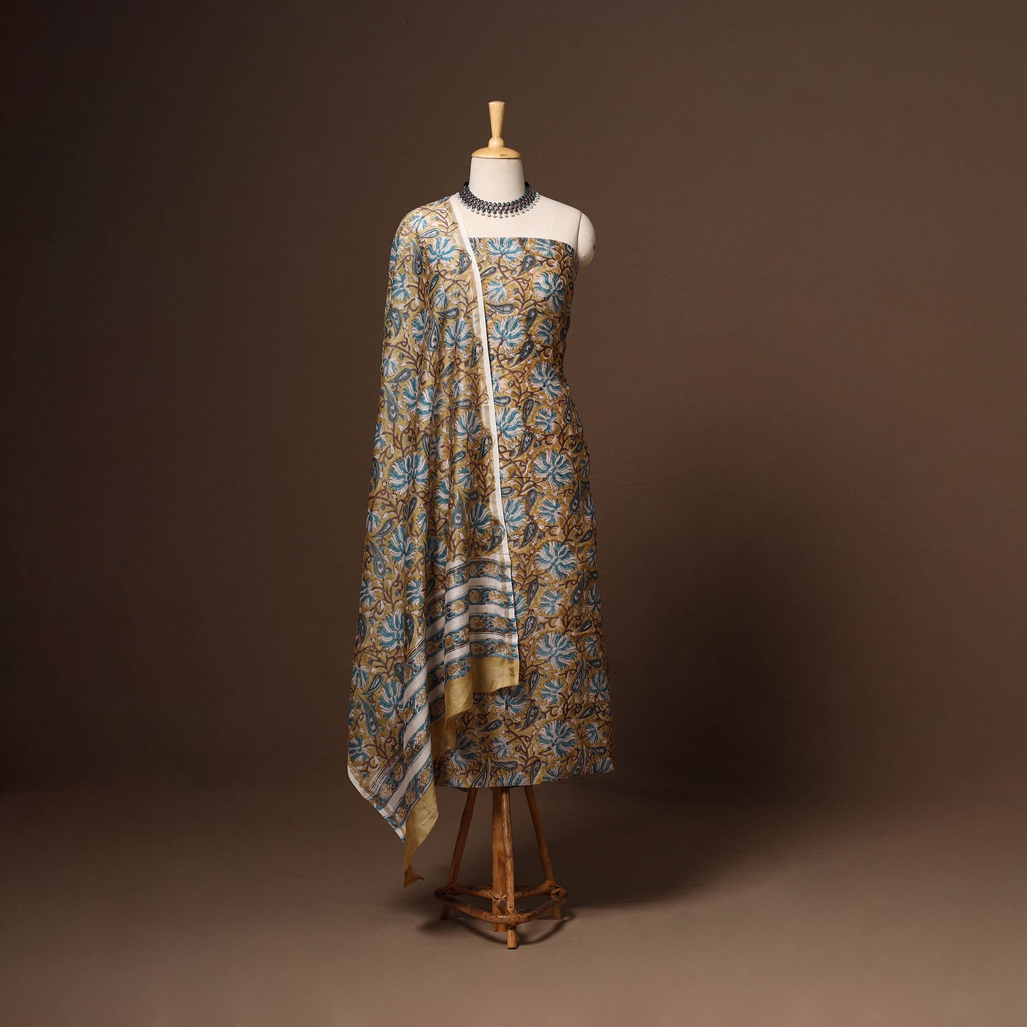 Yellow - 3pc chanderi silk unstitched sanganeri dress