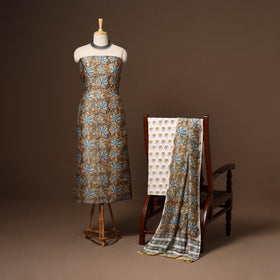 Yellow - 3pc chanderi silk unstitched sanganeri dress