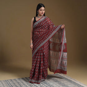 Red Block Print Natural Dyed Kota Doria Cotton Bagh Saree